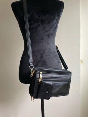 Vintage Basido Genuine Leather Organizer Crossbody Travel Bag Black